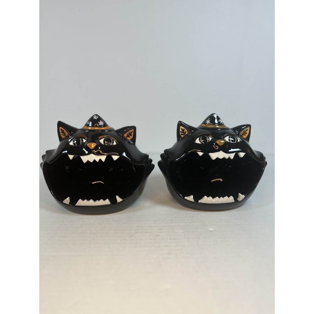 Black Cat Ceramic Candy Bowl Halloween Decor Open Mouth Teeth 2 Count